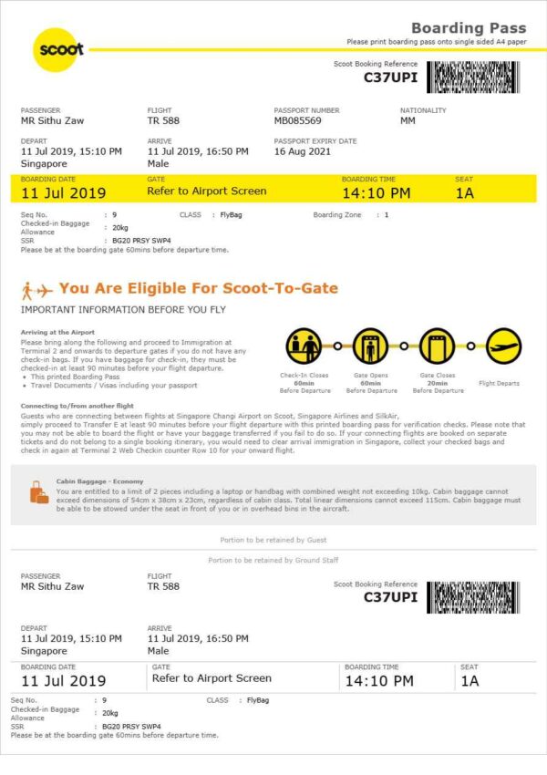 Scoot boarding pass in Word and PDF formats