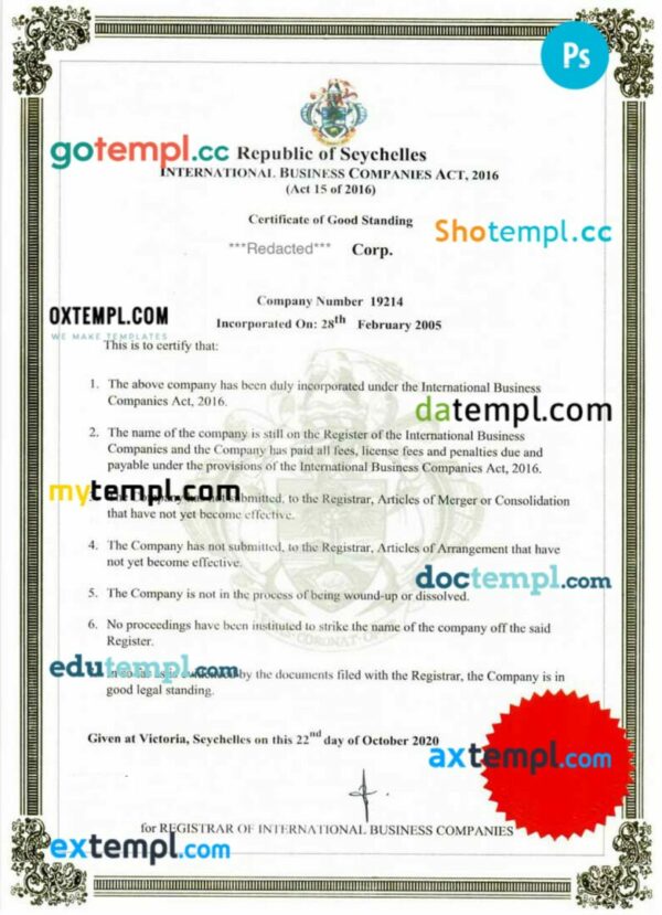 Seychelles certificate of good standing PSD template for a company