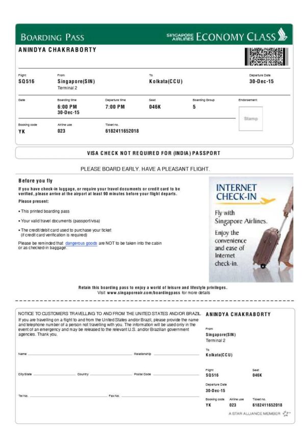 Singapore Airlines boarding pass in Word and PDF formats