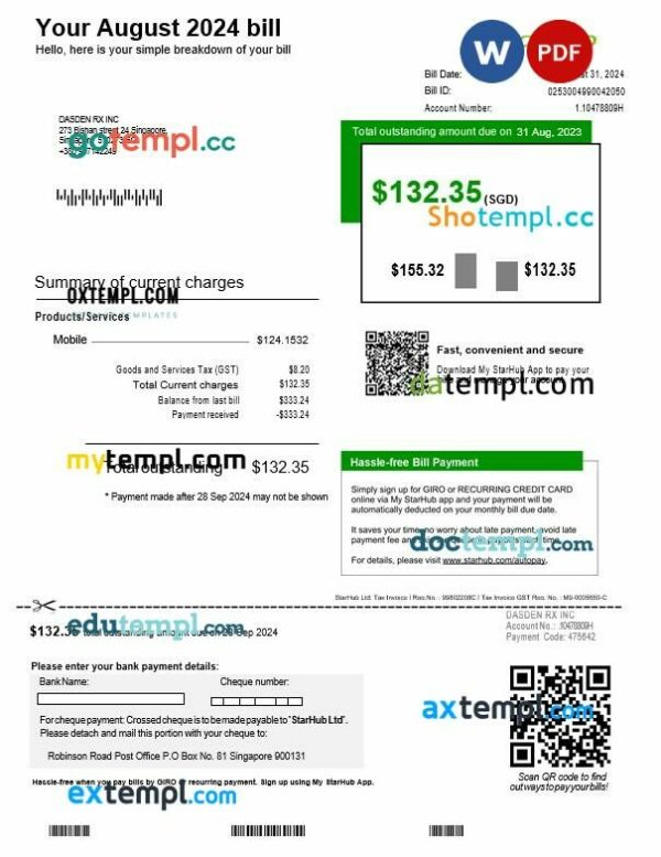 Singapore StarHub business utility bill template in Word and PDF formats