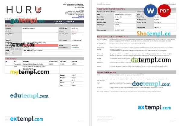 South Africa Johannesburg HURU Technologies tax invoice editable template in Word and PDF formats