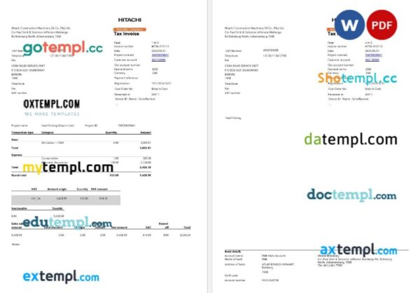 South Africa Johannesburg Hitachi Construction Machinery tax invoice editable template in Word and PDF formats