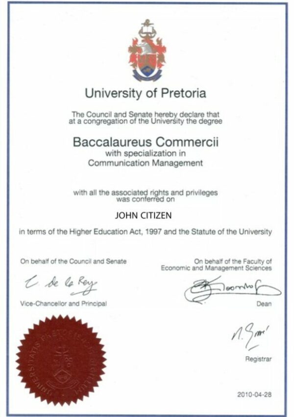 South Africa Pretoria university diploma template in PSD format