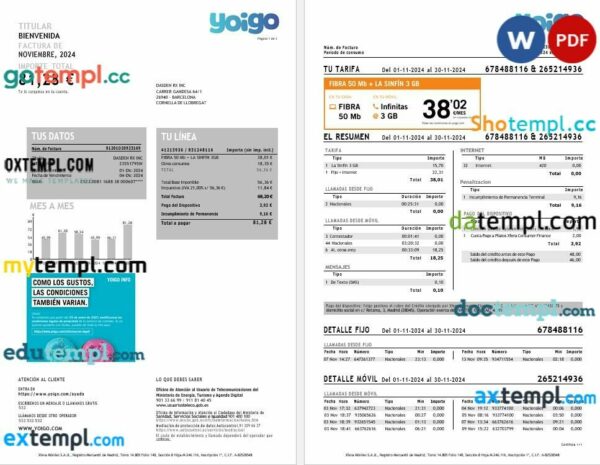 Spain Yoigo internet business utility bill in Word and PDF formats, 3 pages