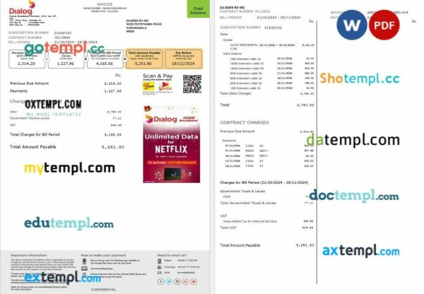 Sri Lanka Dialog business utility bill template in Word and PDF formats, 2 pages