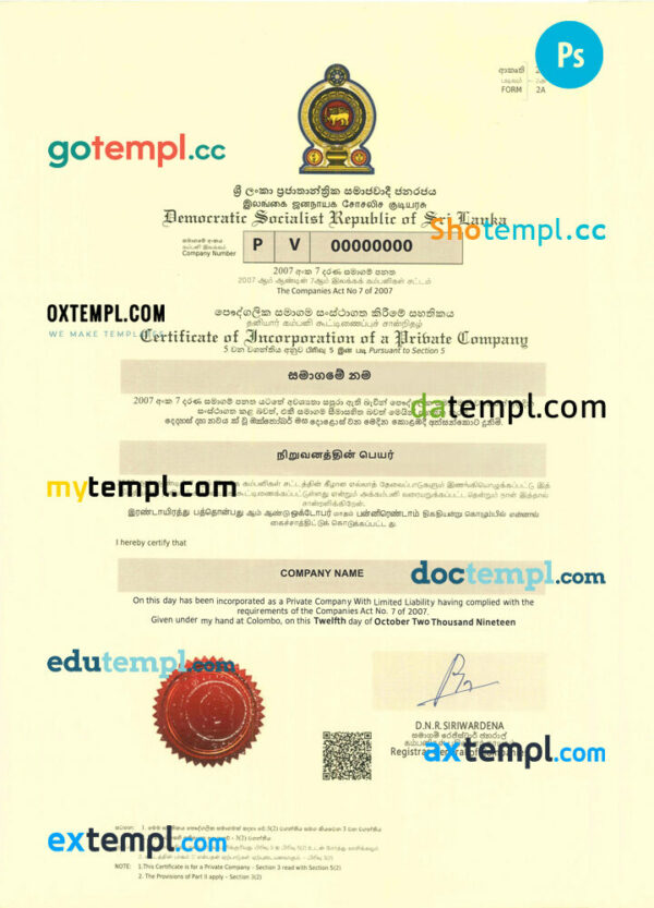 Sri Lanka company registration certificate PSD template