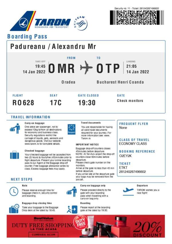 Tarom air transport boarding pass in Word and PDF formats