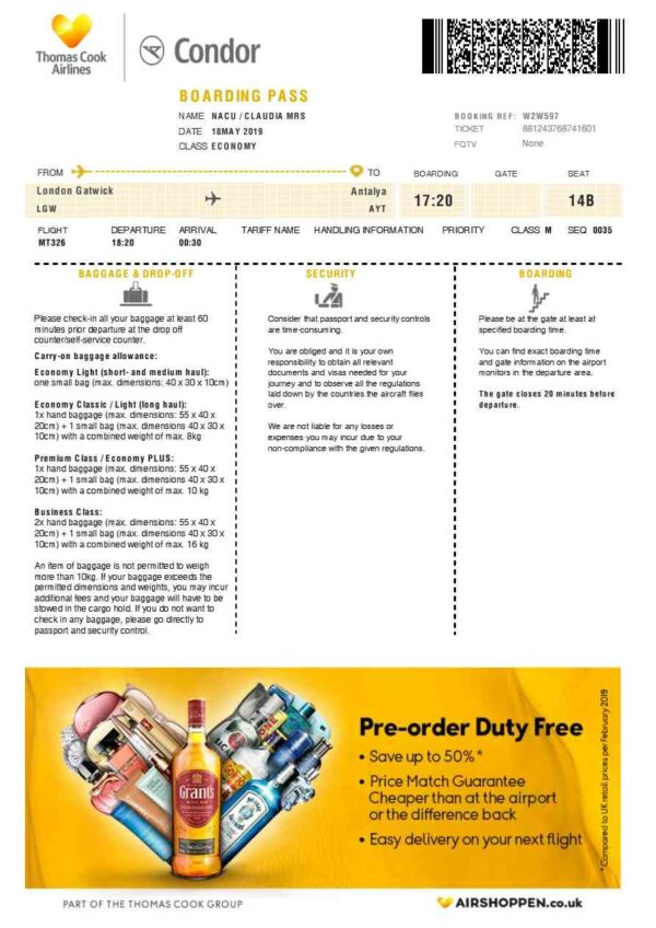 Thomas Cook Airlines boarding pass in Word and PDF formats