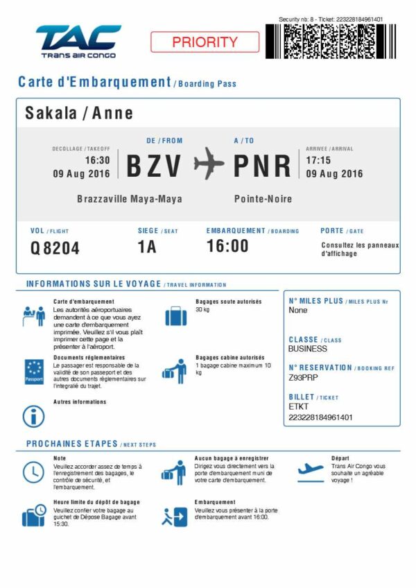 Trans Air Congo (TAC) boarding pass in Word and PDF formats