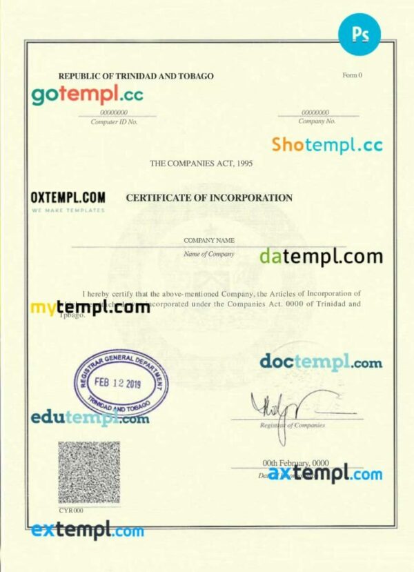 Trinidad and Tobago company registration certificate PSD template