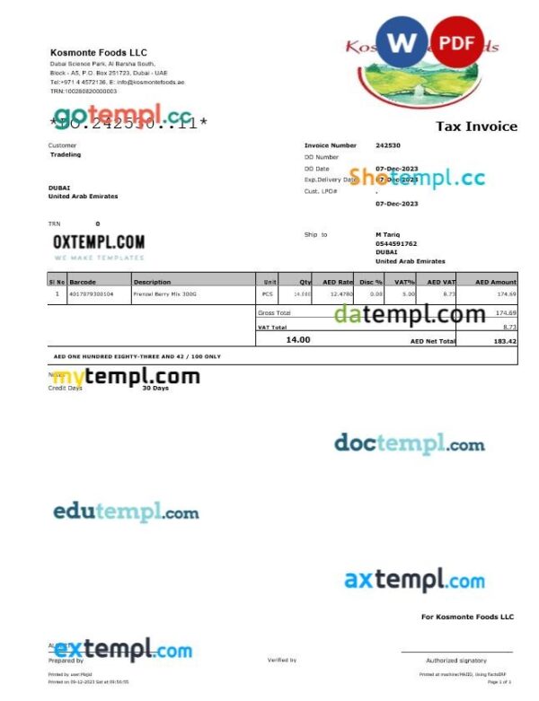 UAE Dubai Kosmonte Foods tax invoice editable template in Word and PDF formats