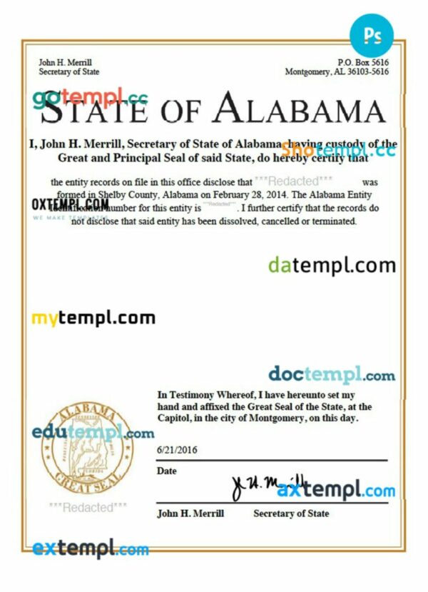 USA Alabama certificate of good standing PSD template