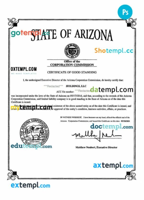 USA Arizona certificate of good standing PSD template