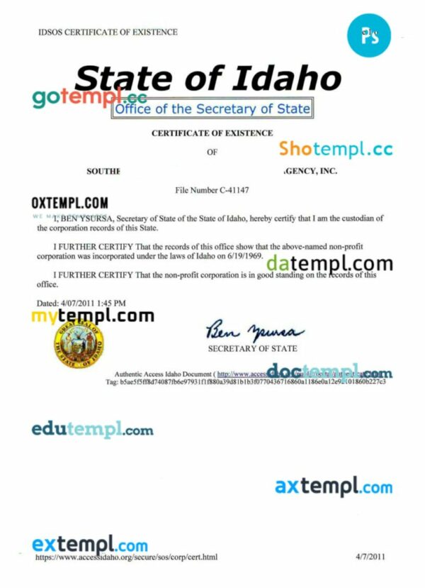 USA Idaho certificate of good standing PSD template for a company