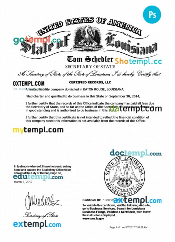 USA Louisiana certificate of good standing PSD template for a corporation