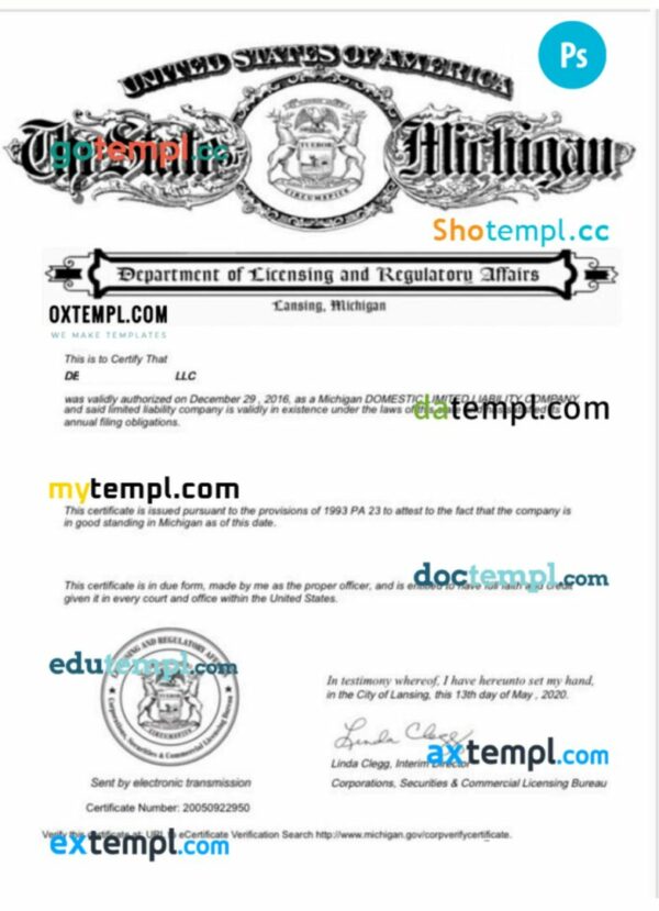 USA Michigan certificate of good standing PSD template for a company