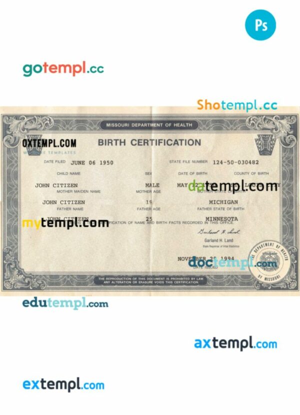 USA Missouri birth certification template in PSD format