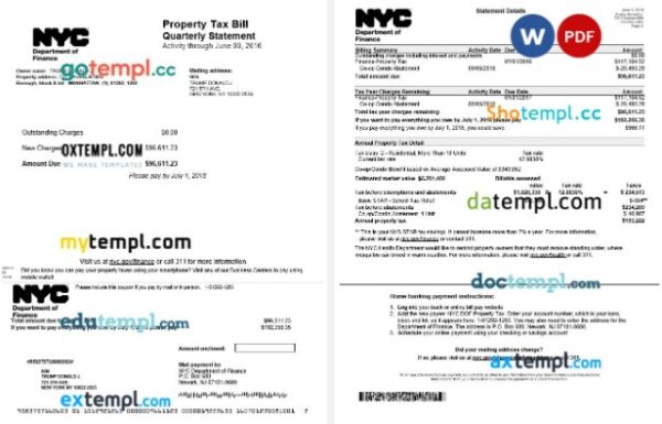 USA NYC New York Department of Finance property tax bill editable template in Word and PDF formats