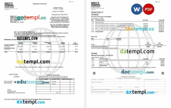 USA Navy Federal bank statement current  version, Word and PDF template, 3 pages, version 2