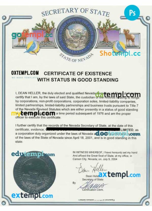 USA Nevada certificate of good standing PSD template for a company