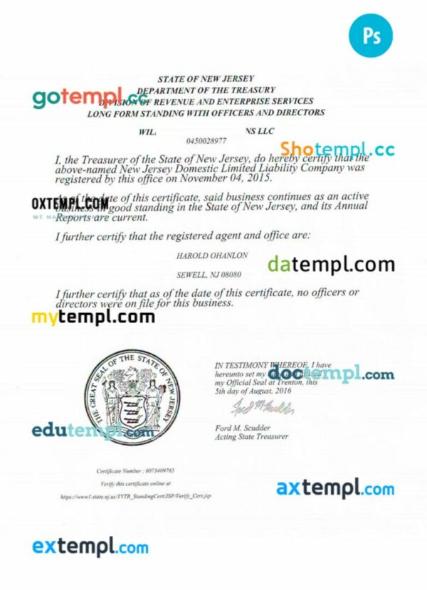 USA New Jersey certificate of good standing PSD template for a corporation