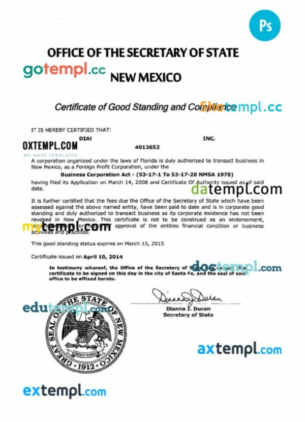 USA New Mexico certificate of good standing PSD template for a company