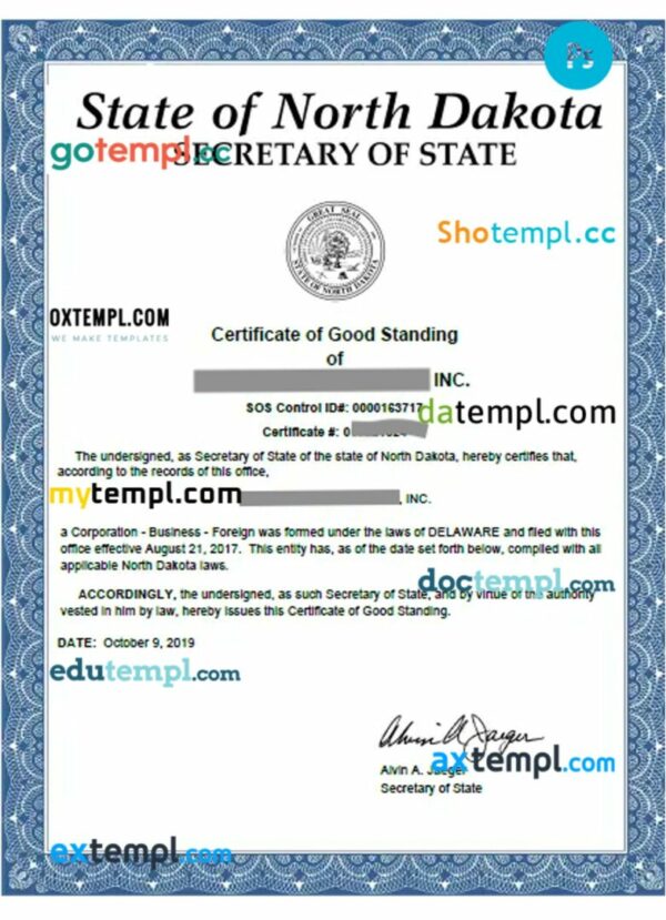 USA North Dakota certificate of good standing PSD template for a company