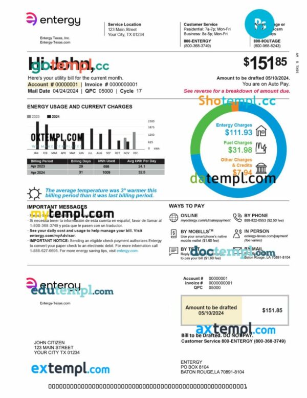 USA Texas Entergy utility bill template in PSD format, 2 pages