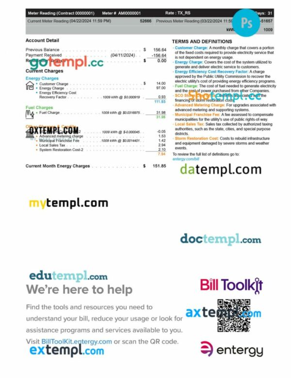 USA Texas Entergy utility bill template in PSD format, 2 pages - Image 2