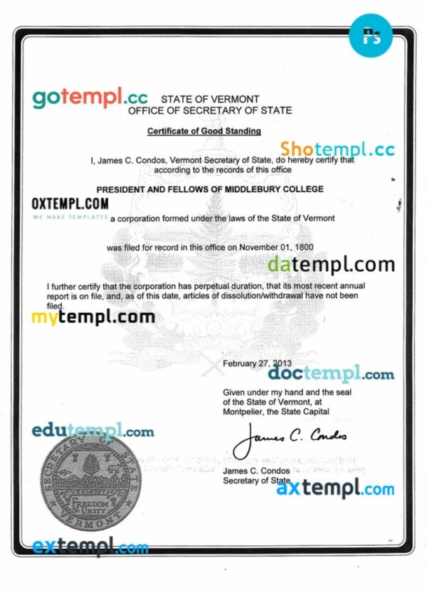 USA Vermont certificate of good standing PSD template for a business