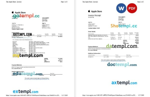 USA Washington Apple Store invoice receipt editable template in Word and PDF formats