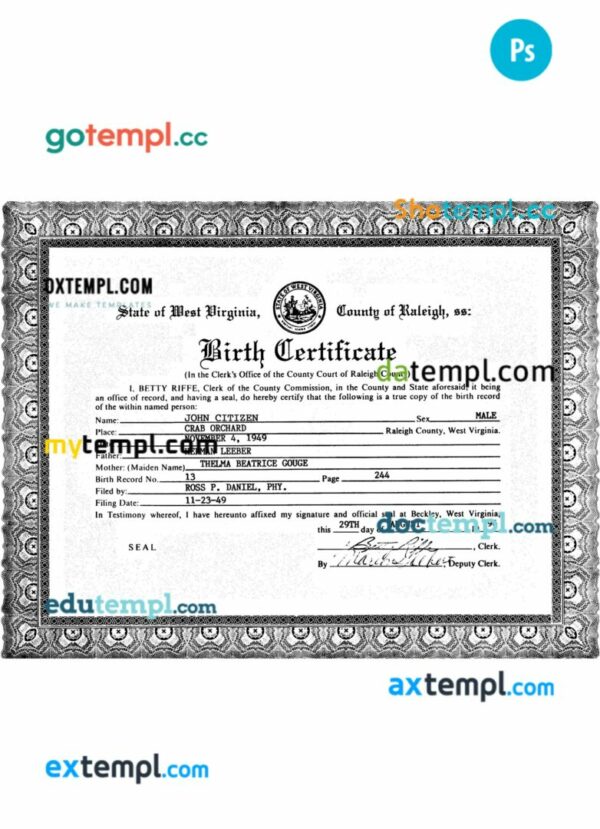 USA West Virginia birth certificate template in PSD format