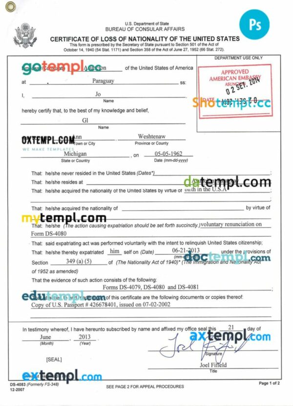 USA certificate of loss of nationality template in PSD format