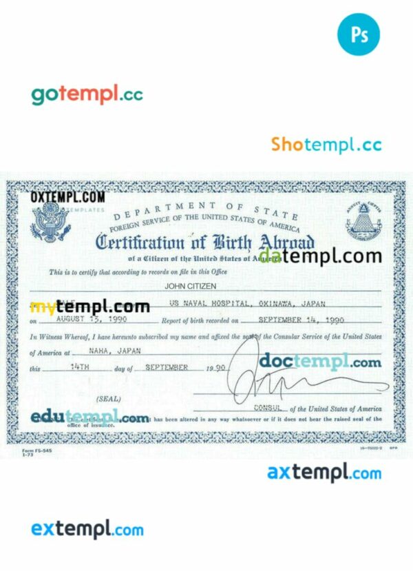 USA certification of birth abroad template in PSD format