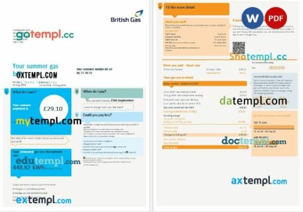 United Kingdom British Gas business utility bill, Word and PDF template, 4 pages