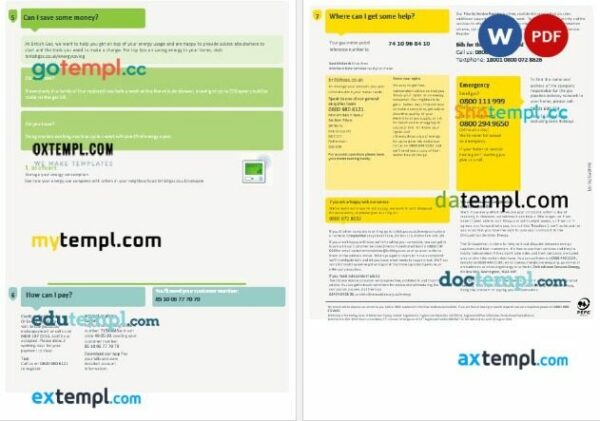 United Kingdom British Gas business utility bill, Word and PDF template, 4 pages - Image 2