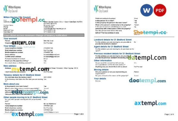 United Kingdom Milton Keynes City Council tax bill editable template in Word and PDF formats