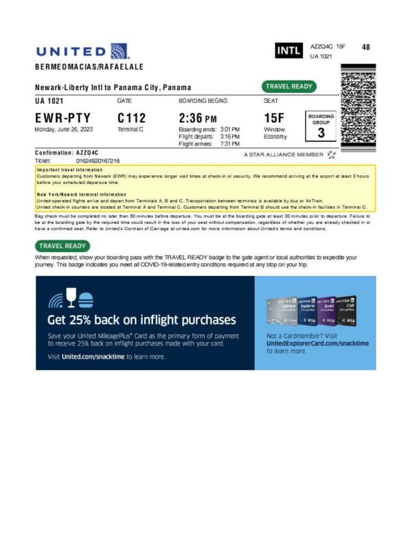 United boarding pass in Word and PDF formats