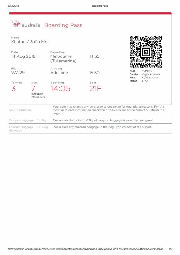 Virgina Australia boarding pass in Word and PDF formats