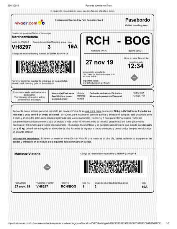 Viva Air boarding pass in Word and PDF formats