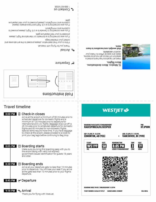 Westjet boarding pass in Word and PDF formats