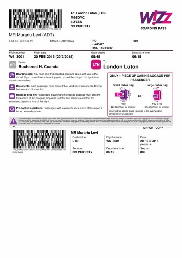 Wizz Air boarding pass in Word and PDF formats, version 1