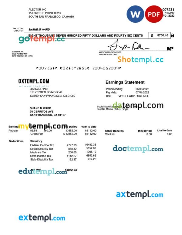 Alector INC earnings statement template in Word and PDF formats