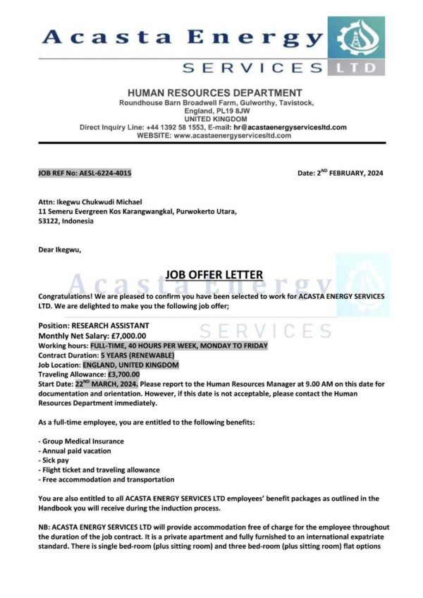 Acasta Energy Services Ltd. Research Assistant offer letter in Word and Pdf formats