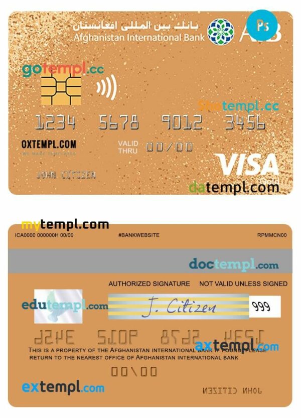 Afghanistan international bank visa gold prepaid card template in PSD format