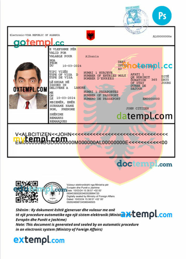 Albania e-visa template in PSD format, new version