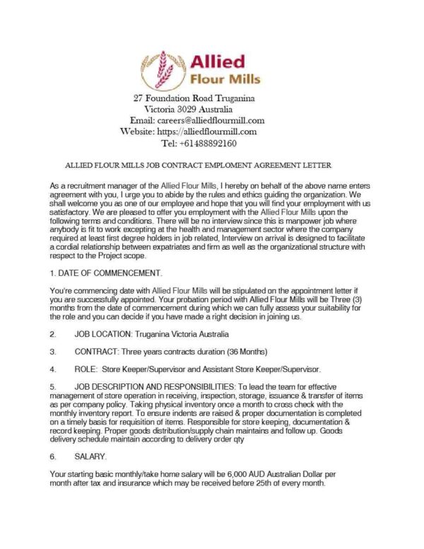 Allied Flour Mills Store Keeper Supervisor offer letter in Word and Pdf formats