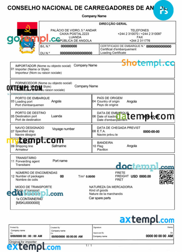 Angola company registration certificate PSD template