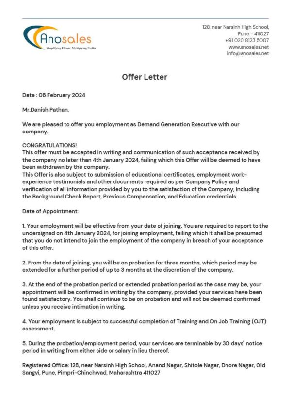 Anosales LLC Generation Executive  offer letter in Word and Pdf formats