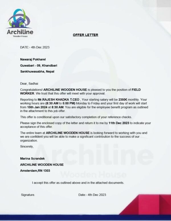 Archiline Wooden House Field Worker offer letter in Word and Pdf formats